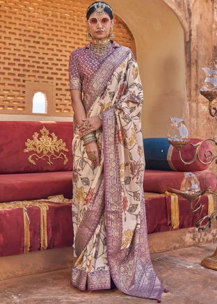 Cream Floral Print Saree & Blouse