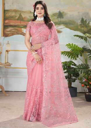 Pink Net Embellished Saree