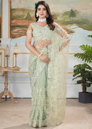 Pista Green Embroidered Net Saree