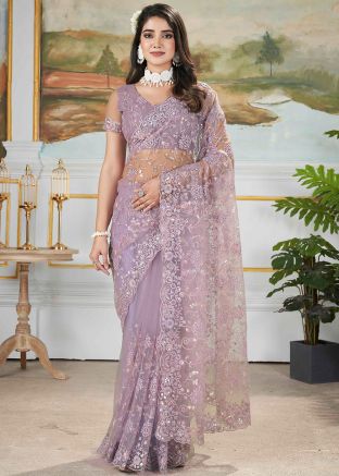 Purple Sequins Work Net Saree