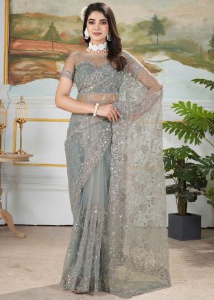 Grey Net Saree In Sequins Work