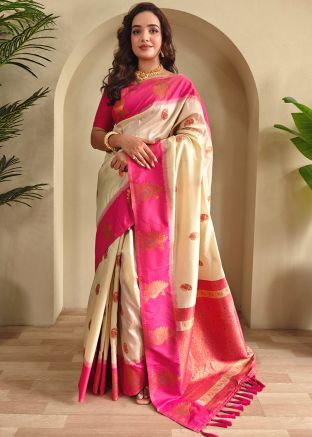 Cream Zari Woven Saree In Art Silk