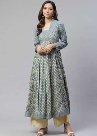 Blue Floral Readymade Anarkali Kurta