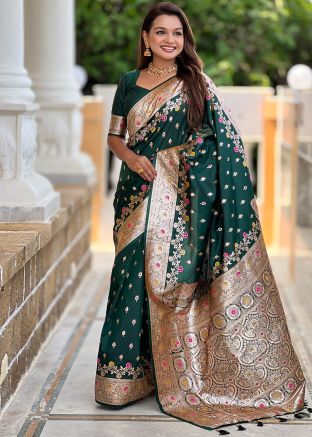 Green Zari Woven Saree In Art Silk