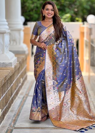 Grey Zari Woven Saree In Art Silk