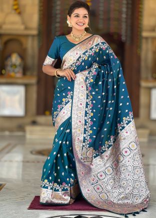 Blue Zari Woven Saree With Blouse