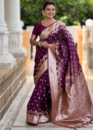 Purple Zari Woven Saree In Art Silk