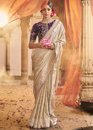 Cream Satin Silk Woven Saree