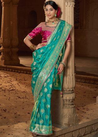 Turquoise Zari Woven Saree & Blouse