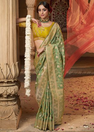 Sage Green Saree In Woven Work