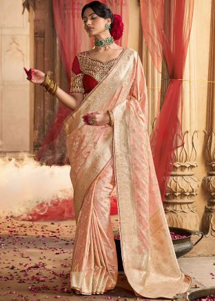 Peach Satin Saree In Woven Work