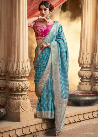 Blue Zari Woven Satin Saree