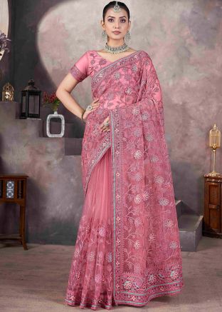 Pink Embroidered Net Saree