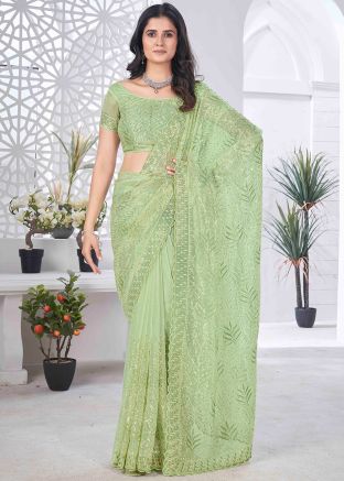 Green Embroidered Saree In Tissue Silk