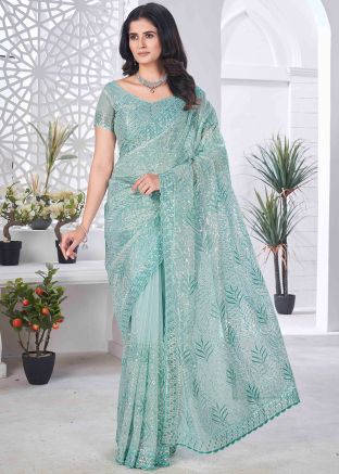 Blue Embroidered Tissue Silk Saree