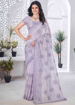 Purple Embroidered Saree In Tissue Silk