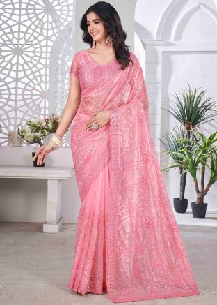 Pink Embroidered Tissue Silk Saree