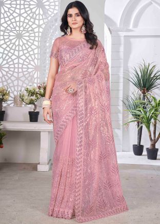 Pink Embroidered Tissue Silk Saree