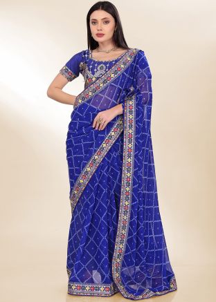 Blue Bandhani Print Georgette Saree