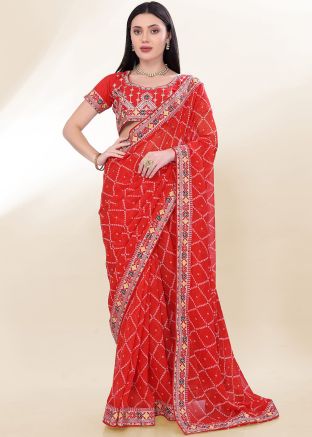 Red Georgette Saree In Bandhej Print