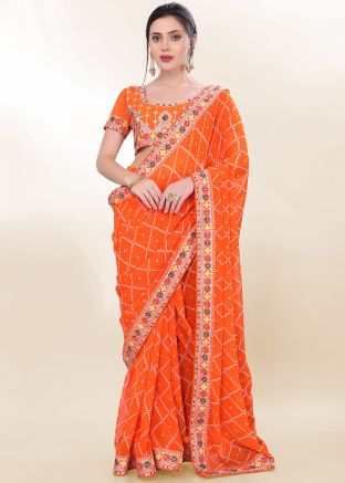 Orange Bandhani Print Saree & Blouse