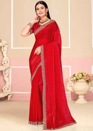 Red Stone Embellished Saree In Satin