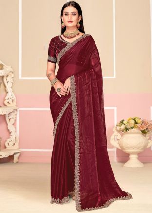 Wine Scalloped Border Satin Saree
