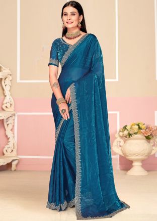 Dual Tone Teal Blue Embellished Saree