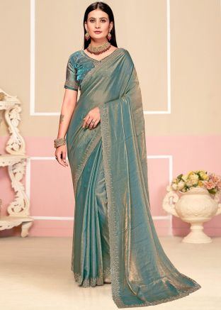 Dul Tone Dusty Teal Blue Stone Work Saree