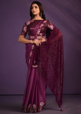Wine Embroidered Pre-Stitched Saree