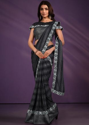 Black Embroidered Pre-Stitched Saree In Lycra