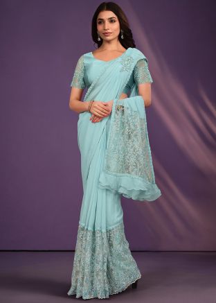 Blue Embroidered Pre-Stitched Saree In Organza