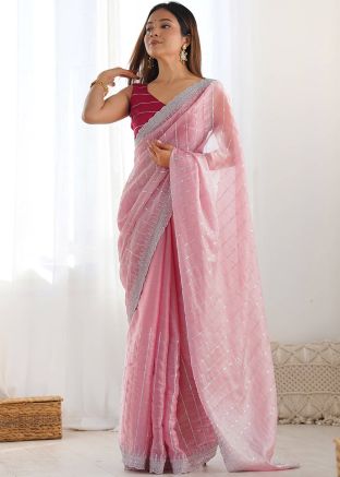 Pink Embroidered Chiffon Saree