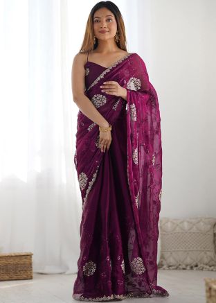 Wine Embroidered Saree In Chiffon