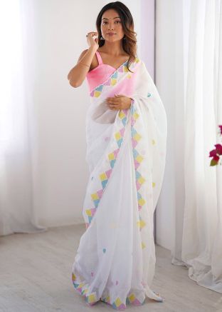 White Embroidered Chiffon Saree