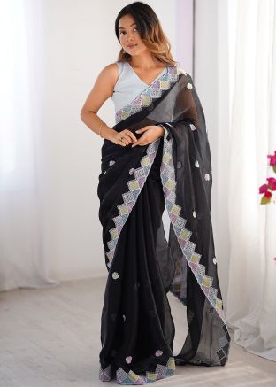 Black Embroidered Saree In Chiffon