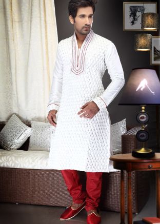Readymade White Art Silk Kurta Pyjama