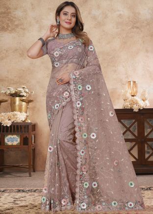 Dusty Brown Embroidered Net Saree