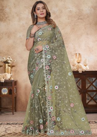 Sage Green Net Embroidered Saree
