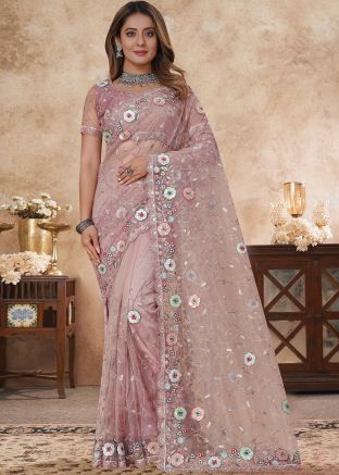 Dusty Pink Net Embellished Saree