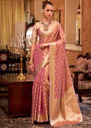 Pink Zari Woven Saree In Tissue Silk