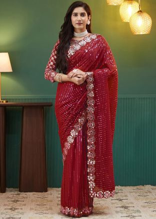 Red Sequin Work Saree In Georgette
