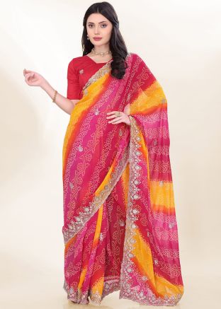Multicolor Bandhej Print Saree In Georgette