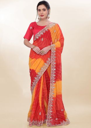 Orange & Red Printed Saree In Georgette