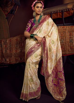 Cream Embroidered Viscose Saree