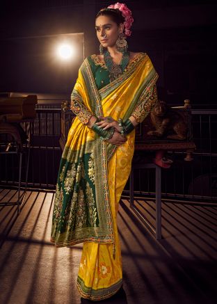 Yellow Embroidered Saree In Viscose