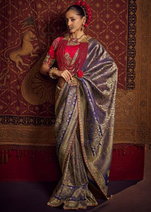 Blue Zari Woven Saree In Viscose