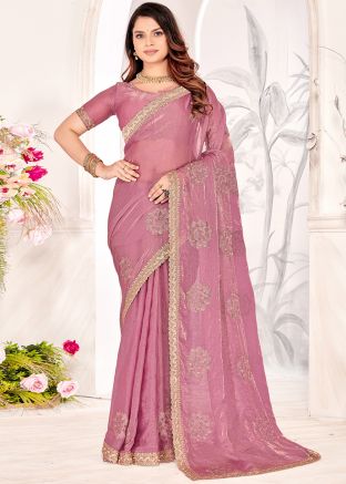 Pink Embroidered Saree In Art Silk
