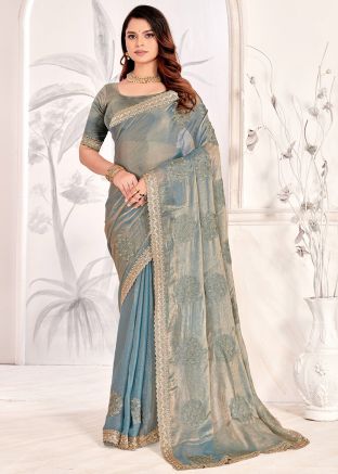Blue Embroidered Art Silk Saree