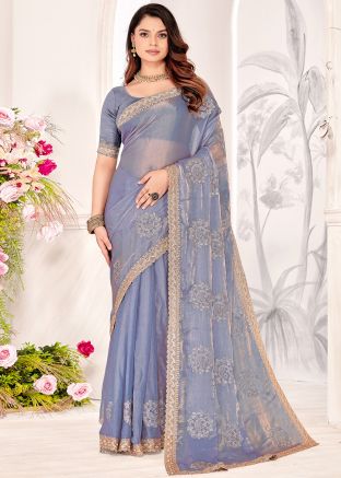 Blue Embroidered Art Silk Saree